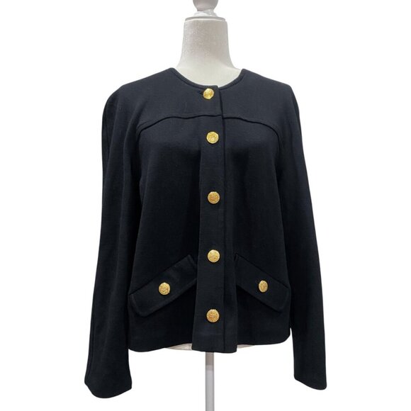 ADRIENNE VITTADINI Black 100% Wool Gold Button Cropped Jacket Blazer Sz 14 - Picture 1 of 7